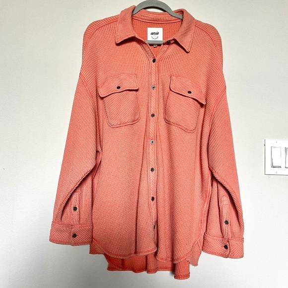 Aerie LumberJane Waffle Shirt Saturn Peach Orange Oversized Shacket Size M - Picture 2 of 11